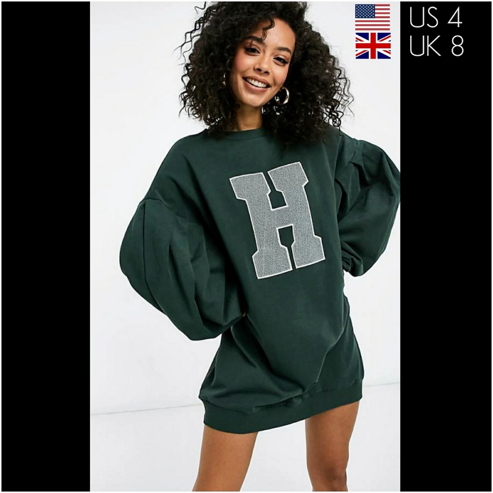 NWOT ASOS Tall Oversized Balloon Sleeve Applique Mini Dress in Green-Size Small